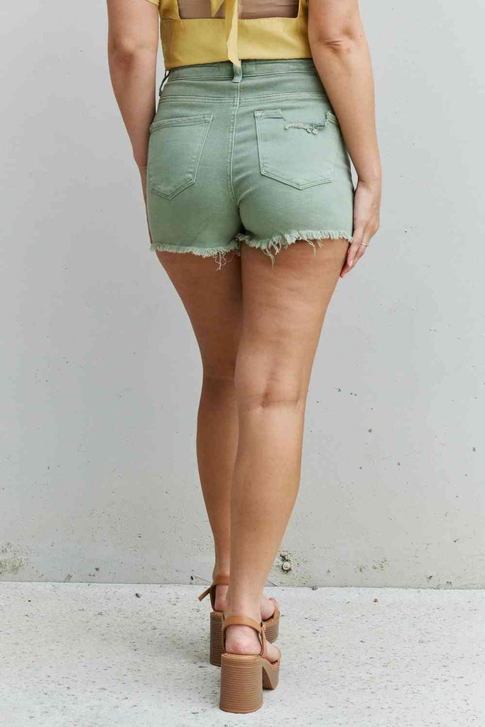 RISEN Katie Full Size High Waisted Distressed Shorts in Gum Leaf-Timber Brooke Boutique, Online Women's Fashion Boutique in Amarillo, Texas