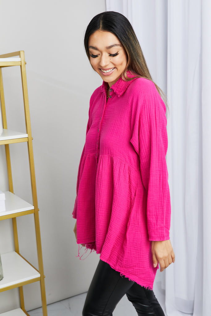 Zenana Bright and Airy Raw Edge Peplum Shirt with Pockets in Hot Pink-Timber Brooke Boutique, Online Women's Fashion Boutique in Amarillo, Texas