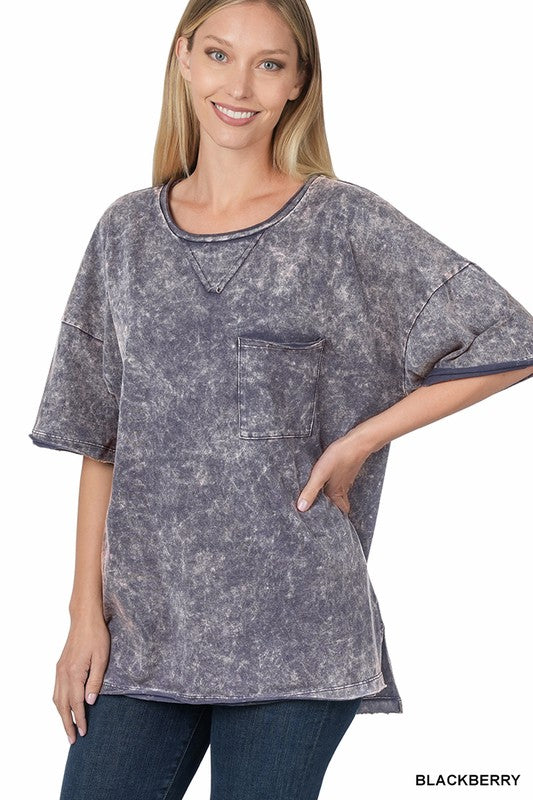 ACID WASH FRONT POCKET RAW EDGE TOP-Timber Brooke Boutique, Online Women's Fashion Boutique in Amarillo, Texas