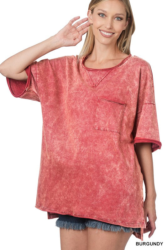ACID WASH FRONT POCKET RAW EDGE TOP-Timber Brooke Boutique, Online Women's Fashion Boutique in Amarillo, Texas