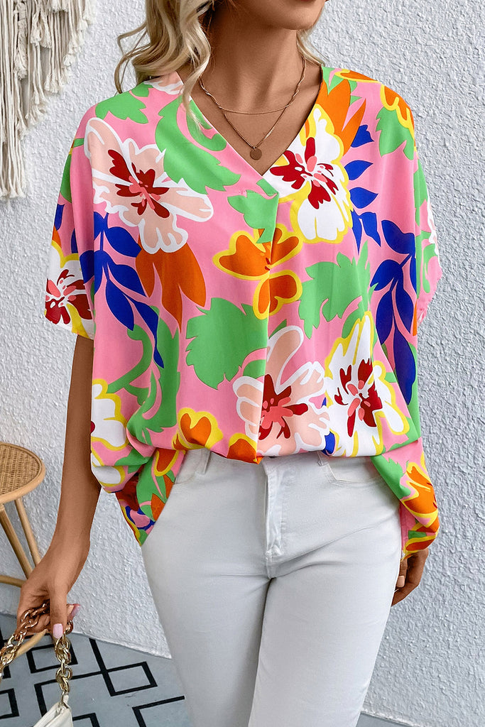 Floral Print V-Neck Short Raglan Sleeve Blouse-Timber Brooke Boutique, Online Women's Fashion Boutique in Amarillo, Texas