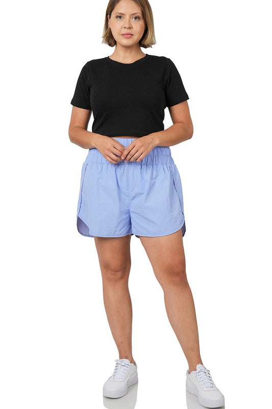 PLUS WINDBREAKER SMOCKED WAISTBAND RUNNING SHORTS-Timber Brooke Boutique, Online Women's Fashion Boutique in Amarillo, Texas