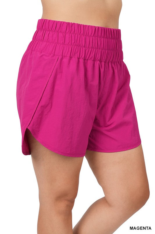 PLUS WINDBREAKER SMOCKED WAISTBAND RUNNING SHORTS-Timber Brooke Boutique, Online Women's Fashion Boutique in Amarillo, Texas
