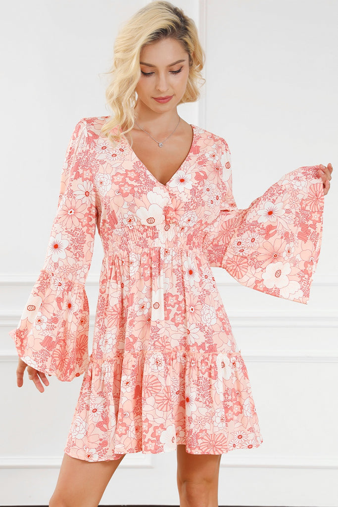 Smocked Printed Flare Sleeve Mini Dress-Timber Brooke Boutique, Online Women's Fashion Boutique in Amarillo, Texas