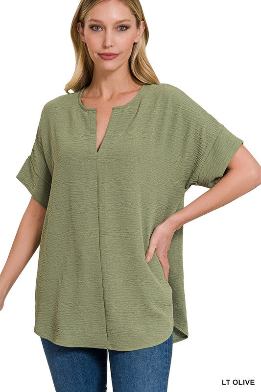 WOVEN AIRFLOW SPLIT NECK SHORT SLEEVE TOP-Timber Brooke Boutique, Online Women's Fashion Boutique in Amarillo, Texas