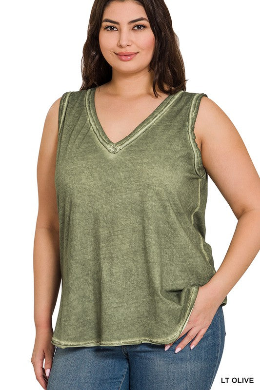 PLUS WASHED RAW EDGE V-NECK TANK TOP-Timber Brooke Boutique, Online Women's Fashion Boutique in Amarillo, Texas
