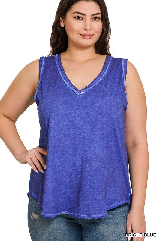 PLUS WASHED RAW EDGE V-NECK TANK TOP-Timber Brooke Boutique, Online Women's Fashion Boutique in Amarillo, Texas