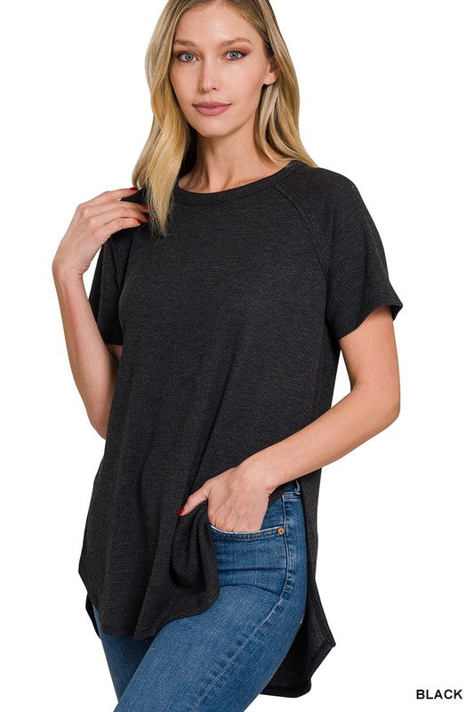 MELAGE BABY WAFFLE SHORT SLEEVE TOP-Timber Brooke Boutique, Online Women's Fashion Boutique in Amarillo, Texas