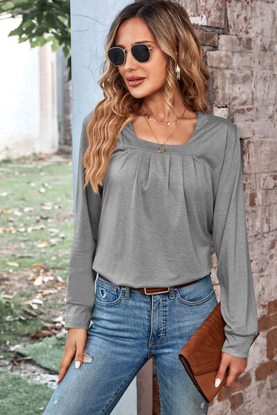 Ruched Square Neck Long Sleeve T-Shirt-Timber Brooke Boutique, Online Women's Fashion Boutique in Amarillo, Texas