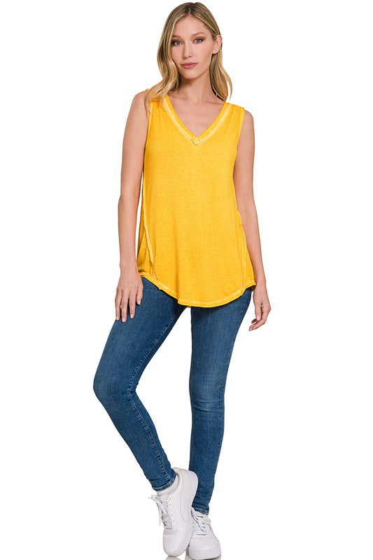 WASHED SLEEVELESS V-NECK TOP W HI-LOW HEM-Timber Brooke Boutique, Online Women's Fashion Boutique in Amarillo, Texas