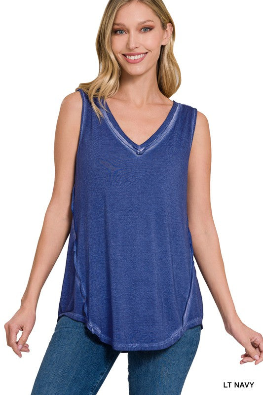 WASHED SLEEVELESS V-NECK TOP W HI-LOW HEM-Timber Brooke Boutique, Online Women's Fashion Boutique in Amarillo, Texas