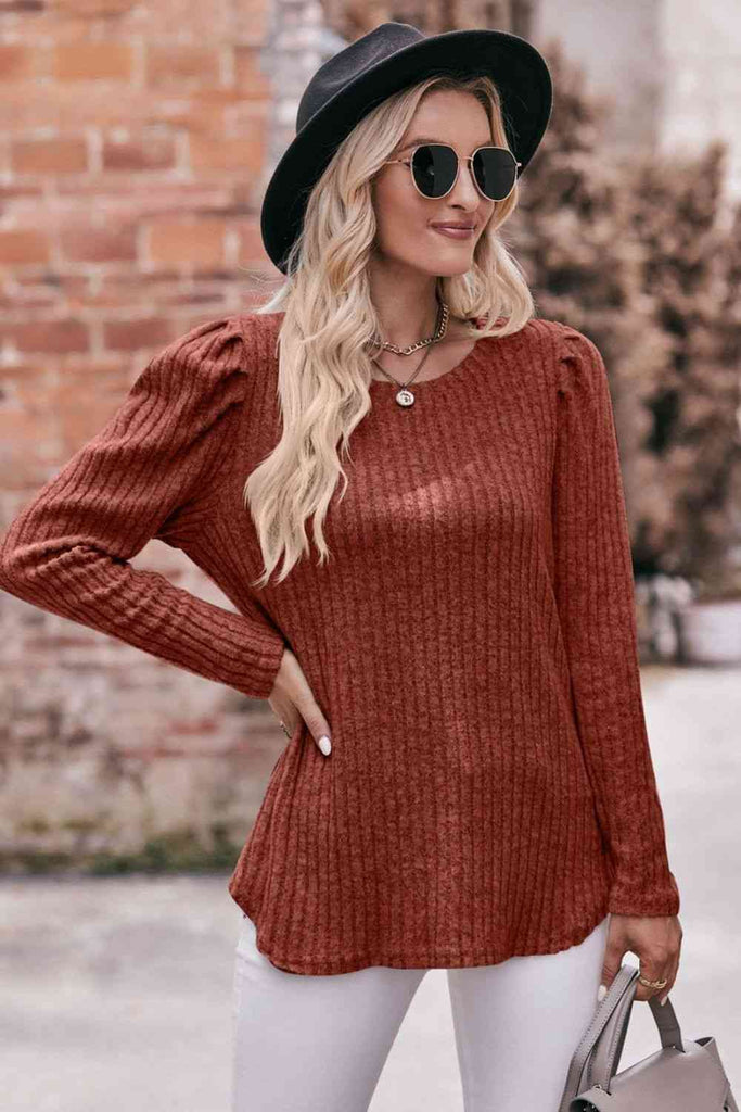 Double Take Round Neck Puff Sleeve Ribbed Top-Timber Brooke Boutique, Online Women's Fashion Boutique in Amarillo, Texas