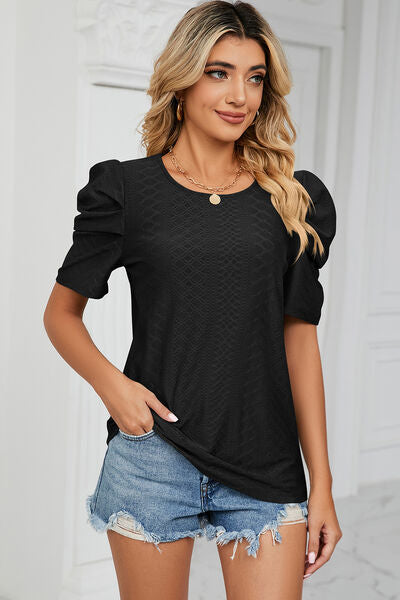 Eyelet Round Neck Puff Sleeve T-Shirt-Timber Brooke Boutique, Online Women's Fashion Boutique in Amarillo, Texas