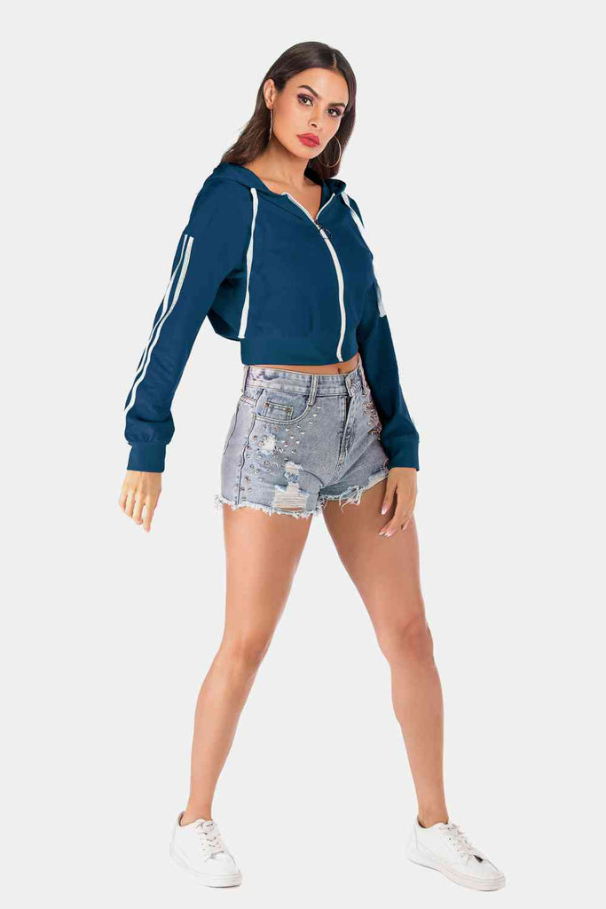 Side Stripe Drawstring Cropped Hooded Jacket-Timber Brooke Boutique, Online Women's Fashion Boutique in Amarillo, Texas