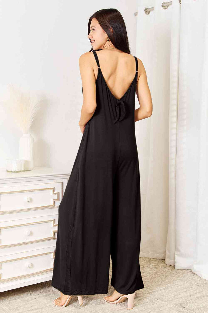 Double Take Full Size Soft Rayon Spaghetti Strap Tied Wide Leg Jumpsuit-Jumpsuits and Rompers-Timber Brooke Boutique, Online Women's Fashion Boutique in Amarillo, Texas