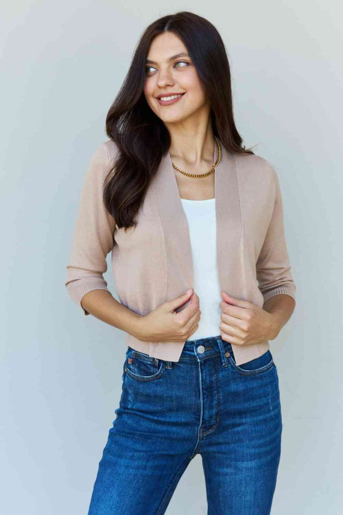 Doublju My Favorite Full Size 3/4 Sleeve Cropped Cardigan in Khaki-Timber Brooke Boutique, Online Women's Fashion Boutique in Amarillo, Texas