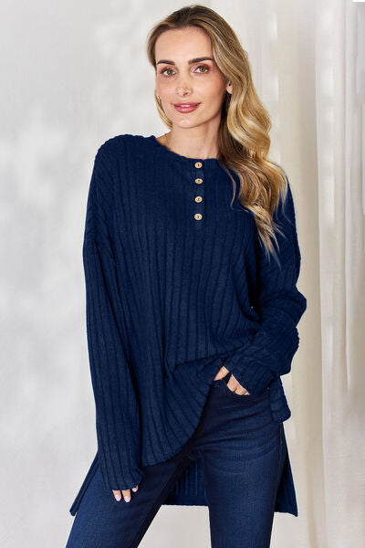 Basic Bae Full Size Ribbed Half Button Long Sleeve High-Low T-Shirt-Timber Brooke Boutique, Online Women's Fashion Boutique in Amarillo, Texas