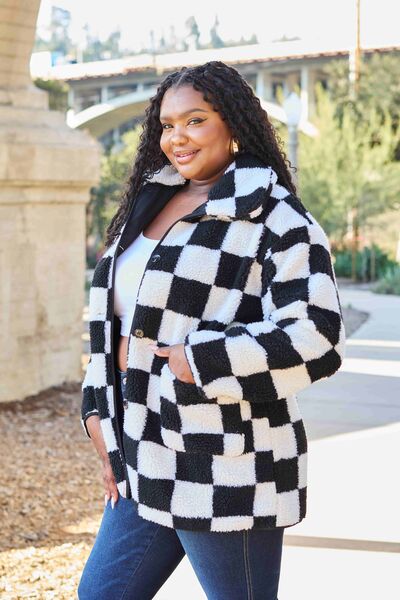 Double Take Full Size Checkered Button Front Coat with Pockets-Timber Brooke Boutique, Online Women's Fashion Boutique in Amarillo, Texas