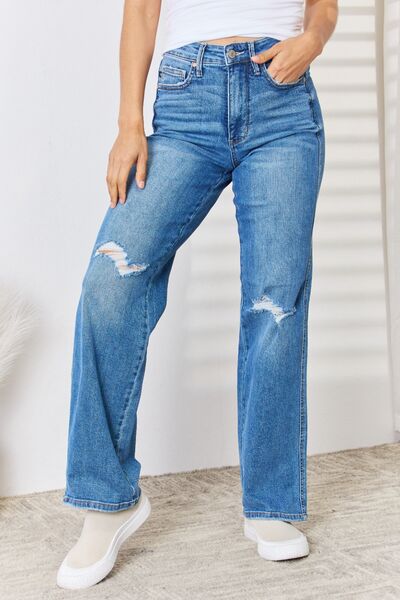 Judy Blue Full Size High Waist Distressed Straight-Leg Jeans-Timber Brooke Boutique, Online Women's Fashion Boutique in Amarillo, Texas