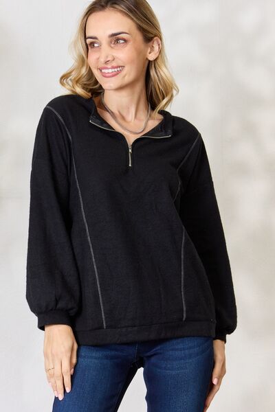 BiBi Half Zip Brushed Terry Long Sleeve Top-Timber Brooke Boutique, Online Women's Fashion Boutique in Amarillo, Texas