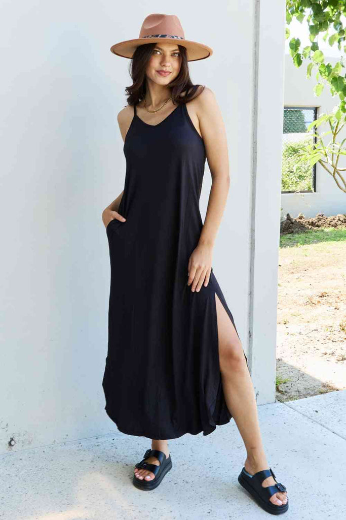 Ninexis Good Energy Full Size Cami Side Slit Maxi Dress in Black-Timber Brooke Boutique, Online Women's Fashion Boutique in Amarillo, Texas