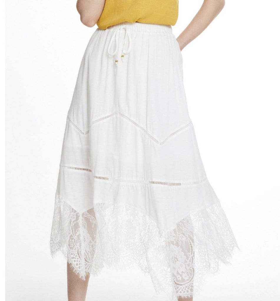White Lace Asymmetrical Hem Maxi Skirt-Skirts-Timber Brooke Boutique, Online Women's Fashion Boutique in Amarillo, Texas