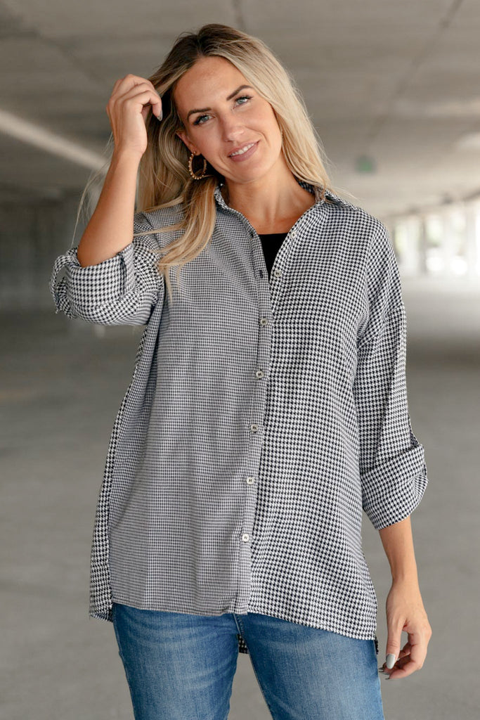 Doorbuster: Mixed Houndstooth Button Up Top-Womens-Timber Brooke Boutique, Online Women's Fashion Boutique in Amarillo, Texas
