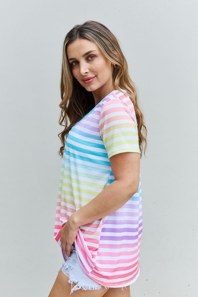 Heimish Out And Proud Full Size Multicolored Striped V-Neck Short Sleeve Top-Timber Brooke Boutique, Online Women's Fashion Boutique in Amarillo, Texas