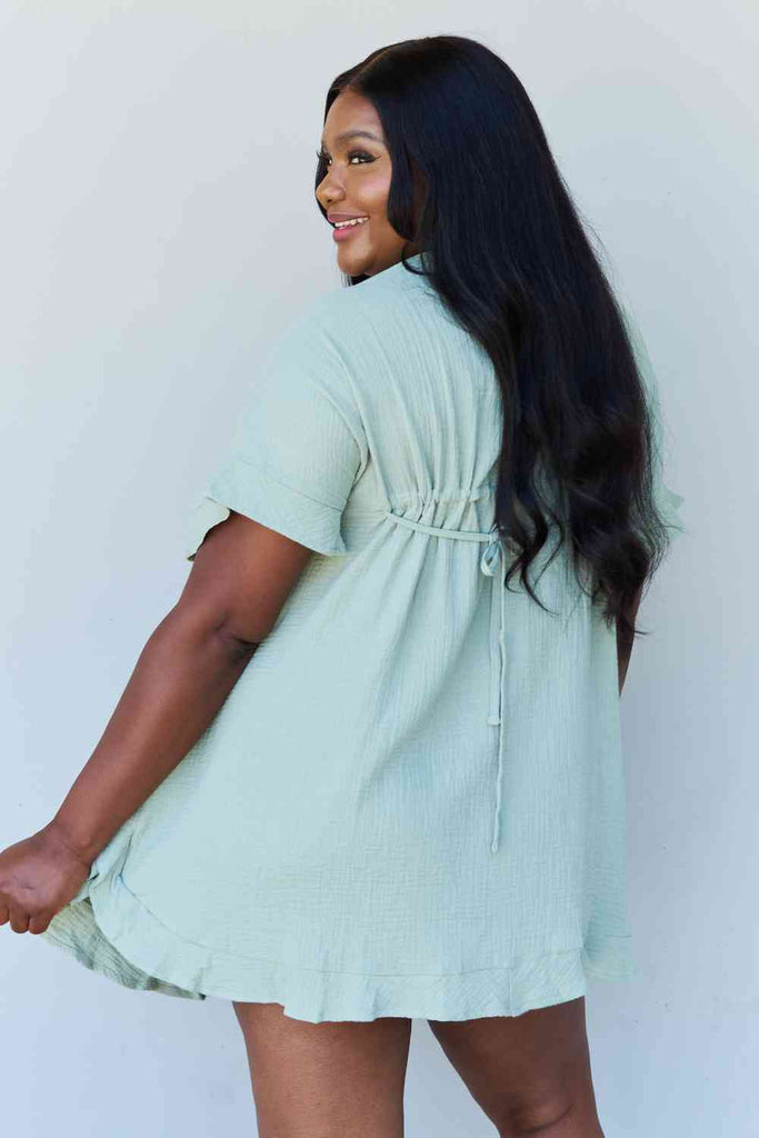 Ninexis Out Of Time Full Size Ruffle Hem Dress with Drawstring Waistband in Light Sage-Timber Brooke Boutique, Online Women's Fashion Boutique in Amarillo, Texas