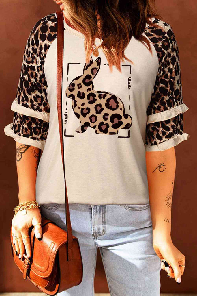 Leopard Bunny Graphic Layered Sleeve T-Shirt-Timber Brooke Boutique, Online Women's Fashion Boutique in Amarillo, Texas