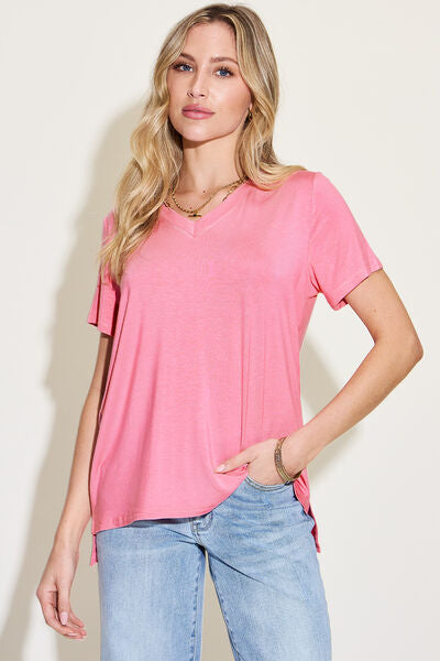 Basic Bae Full Size V-Neck High-Low T-Shirt-Timber Brooke Boutique, Online Women's Fashion Boutique in Amarillo, Texas