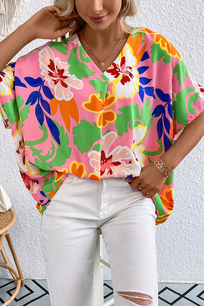 Floral Print V-Neck Short Raglan Sleeve Blouse-Timber Brooke Boutique, Online Women's Fashion Boutique in Amarillo, Texas