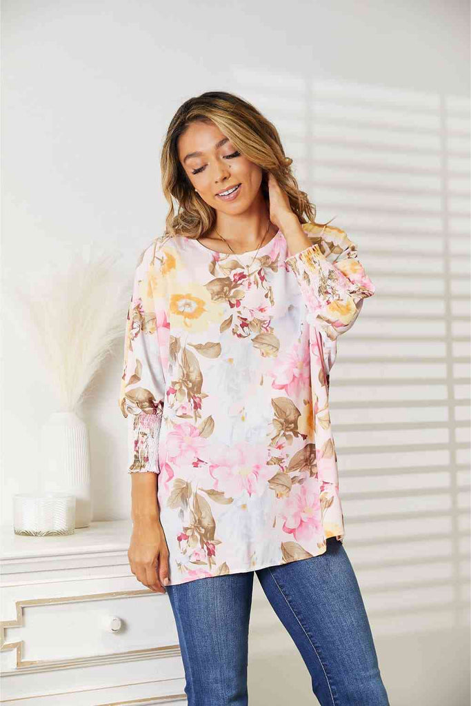 Double Take Floral Round Neck Three-Quarter Sleeve Top-Timber Brooke Boutique, Online Women's Fashion Boutique in Amarillo, Texas