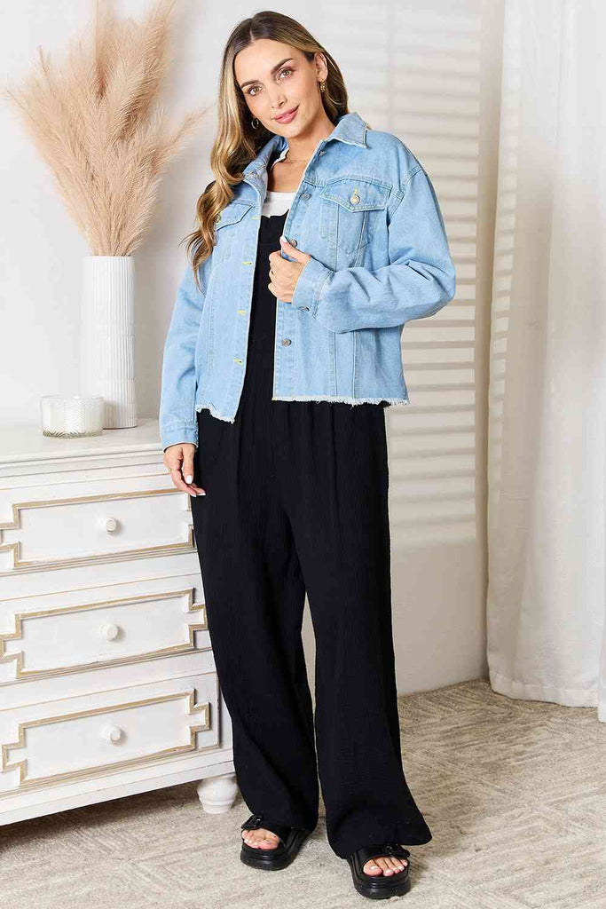 Double Take Dropped Shoulder Raw Hem Denim Jacket-Coats & Jackets-Timber Brooke Boutique, Online Women's Fashion Boutique in Amarillo, Texas