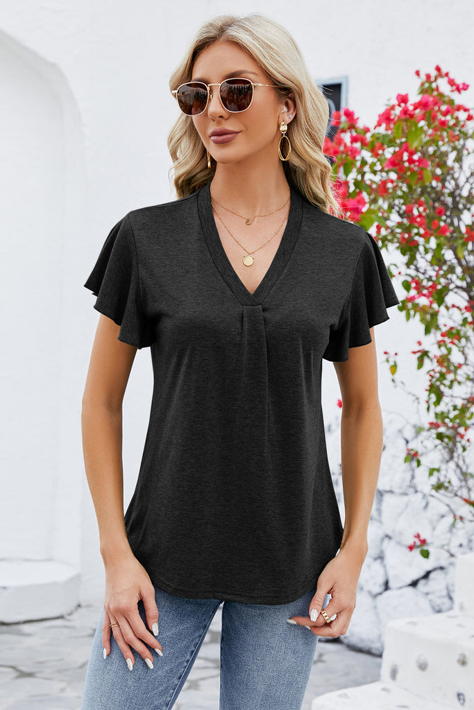 V-Neck Flutter Sleeve T-Shirt-Timber Brooke Boutique, Online Women's Fashion Boutique in Amarillo, Texas