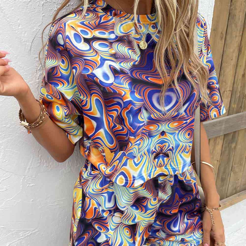 Printed Round Neck Dropped Shoulder Half Sleeve Top and Shorts Set-Timber Brooke Boutique, Online Women's Fashion Boutique in Amarillo, Texas