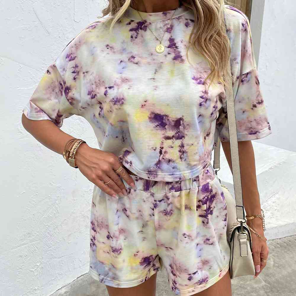 Tie Dye Round Neck Dropped Shoulder Tie Dye Top and Shorts Set-Timber Brooke Boutique, Online Women's Fashion Boutique in Amarillo, Texas