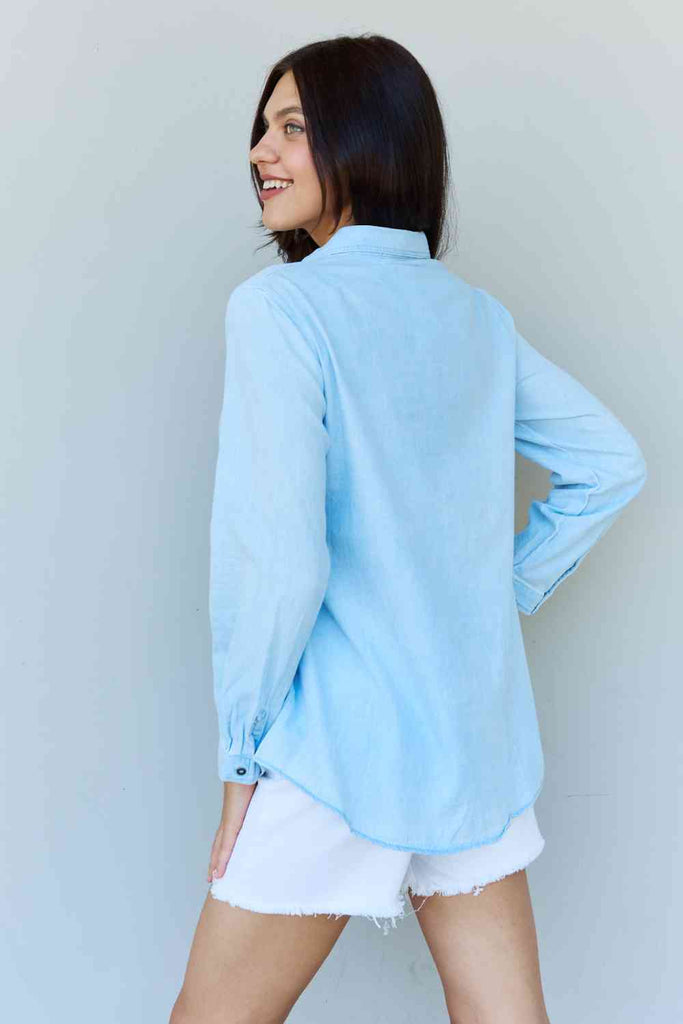 Doublju Blue Jean Baby Denim Button Down Shirt Top in Light Blue-Timber Brooke Boutique, Online Women's Fashion Boutique in Amarillo, Texas