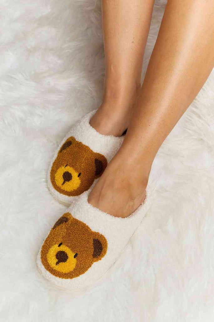 Melody Teddy Bear Print Plush Slide Slippers-Timber Brooke Boutique, Online Women's Fashion Boutique in Amarillo, Texas