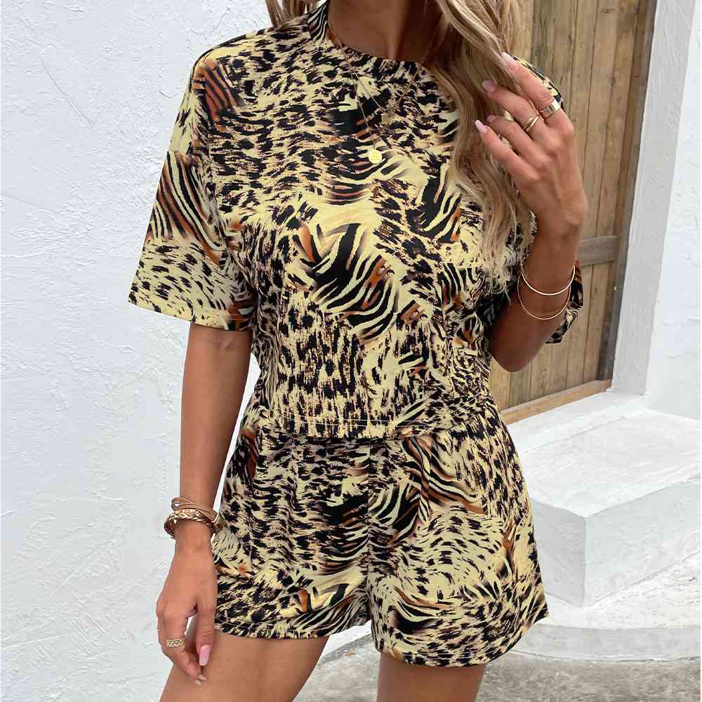 Printed Round Neck Dropped Shoulder Half Sleeve Top and Shorts Set-Timber Brooke Boutique, Online Women's Fashion Boutique in Amarillo, Texas