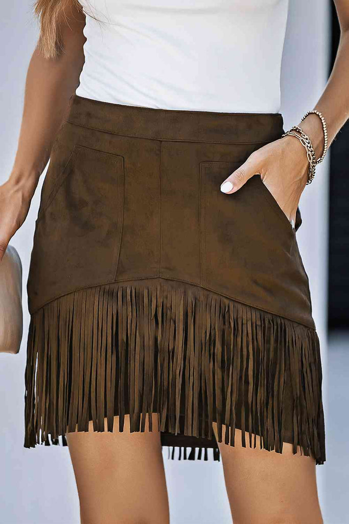 Fringe Detail Zip-Back Skirt with Pockets-Timber Brooke Boutique, Online Women's Fashion Boutique in Amarillo, Texas