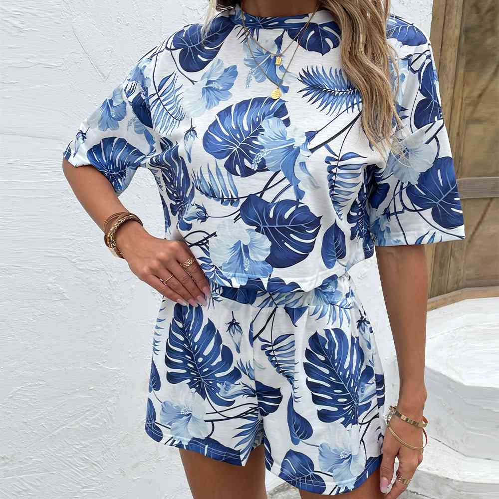 Floral Print Round Neck Dropped Shoulder Top and Shorts Set-Timber Brooke Boutique, Online Women's Fashion Boutique in Amarillo, Texas