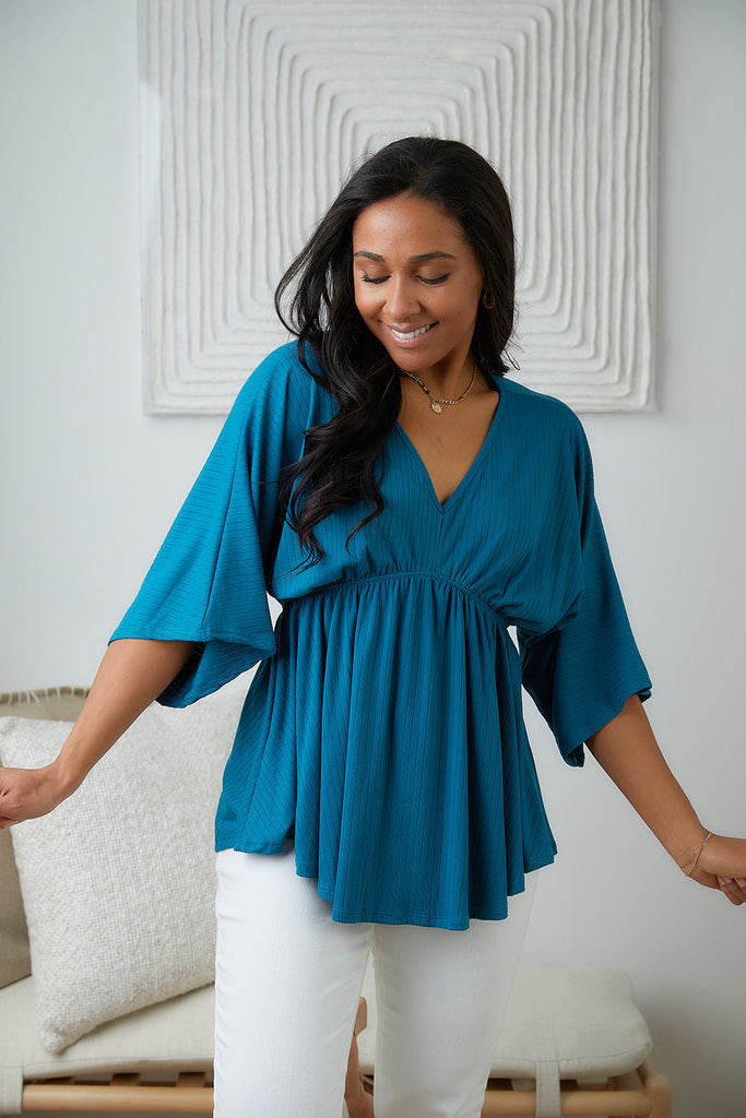 Storied Moments Draped Peplum Top in Teal-Womens-Timber Brooke Boutique, Online Women's Fashion Boutique in Amarillo, Texas