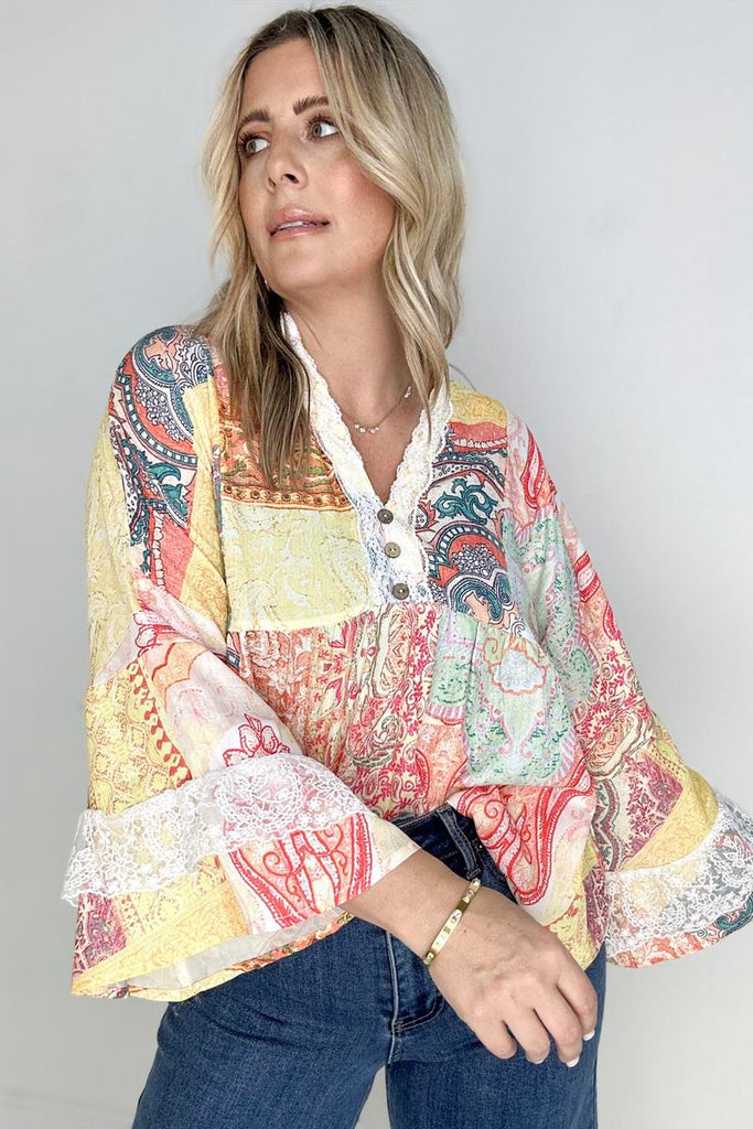 Paisley Patch Work Bell Sleeve Lace V-Neck Boho Blouse-Blouses-Timber Brooke Boutique, Online Women's Fashion Boutique in Amarillo, Texas