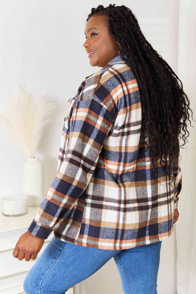 Double Take Plaid Button Front Shirt Jacket with Breast Pockets-Timber Brooke Boutique, Online Women's Fashion Boutique in Amarillo, Texas