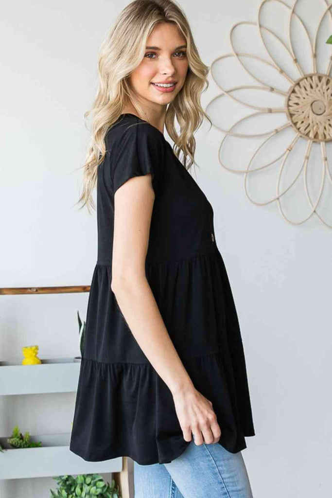 Heimish Full Size Buttoned V-Neck Tiered Top-Timber Brooke Boutique, Online Women's Fashion Boutique in Amarillo, Texas