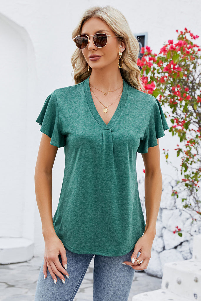 V-Neck Flutter Sleeve T-Shirt-Timber Brooke Boutique, Online Women's Fashion Boutique in Amarillo, Texas