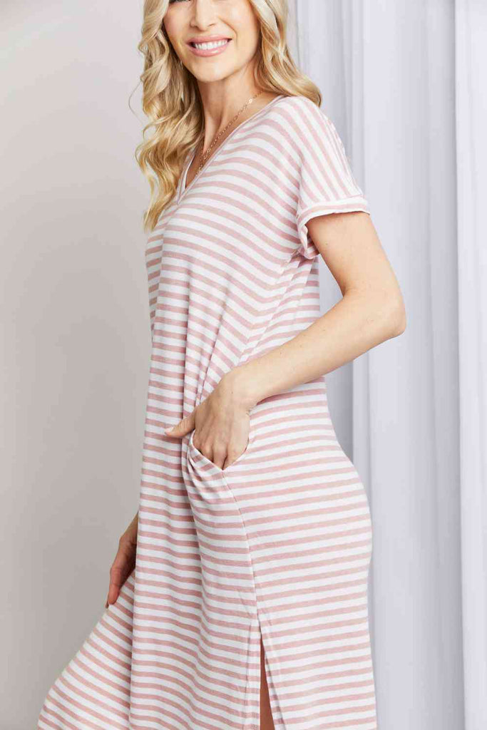 Heimish Full Size Horizontal Stripe Side Slit V-Neck Dress-Timber Brooke Boutique, Online Women's Fashion Boutique in Amarillo, Texas