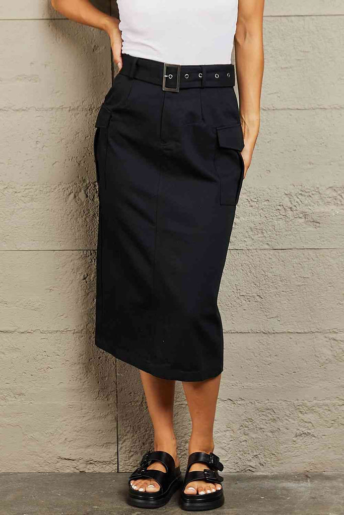 HYFVE Professional Poise Buckled Midi Skirt-Timber Brooke Boutique, Online Women's Fashion Boutique in Amarillo, Texas