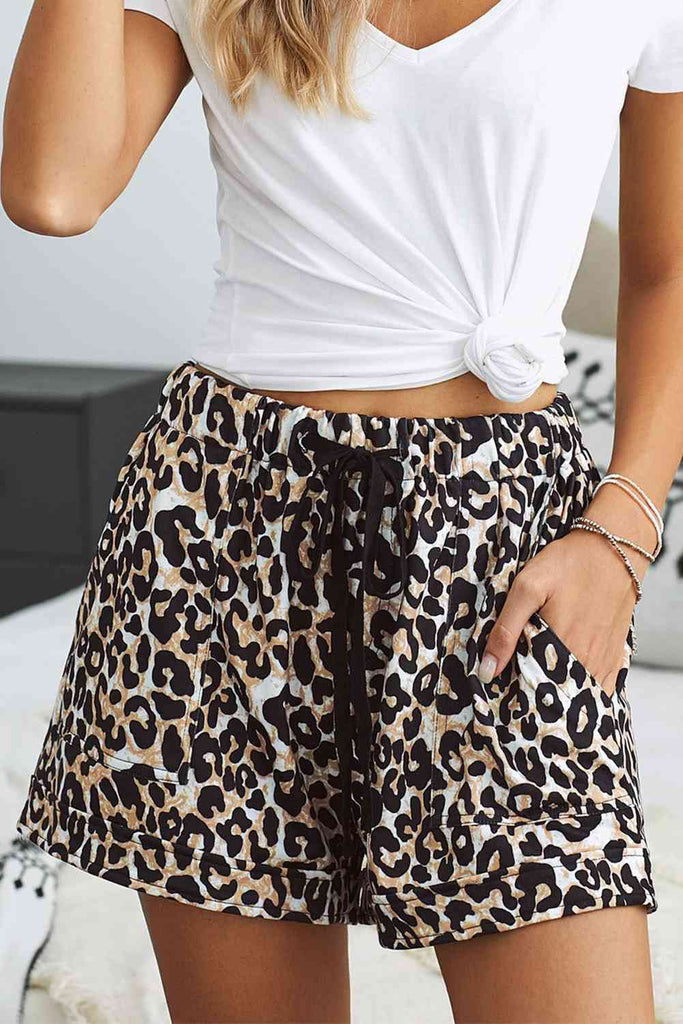Full Size Leopard Drawstring Waist Shorts with Side Pockets-Timber Brooke Boutique, Online Women's Fashion Boutique in Amarillo, Texas